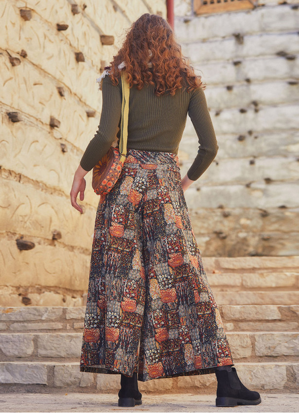 Khaki Printed Pockets Detailed Button-Up Wide Leg Pants